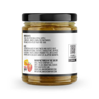 Jalapeño chili jam by Chilli Mash Co. in a 190g jar, showcasing vibrant jalapeños and glossy chili jam texture.