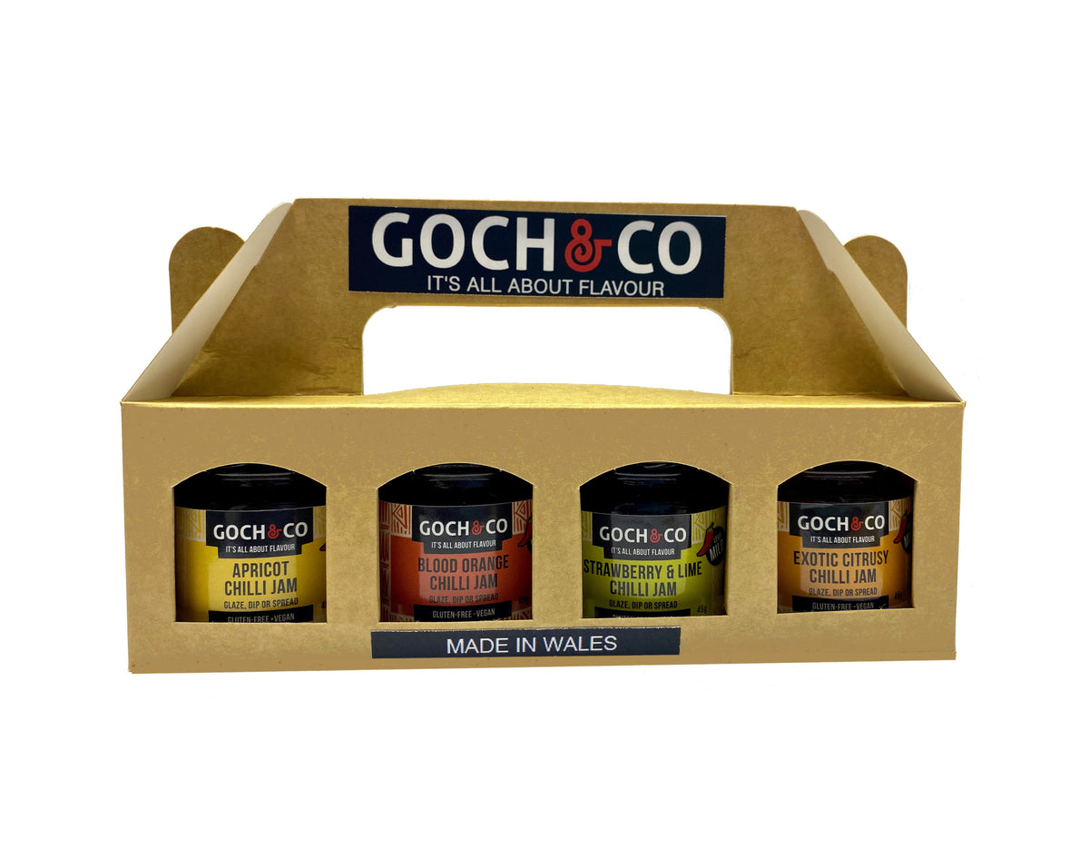 Goch & Co Sweet-Savoury Chilli Food Gift Set featuring assorted chilli jams and spicy condiments in a gift box.