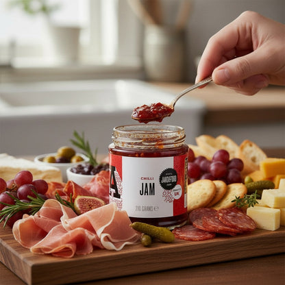 Janda Food Chilli Jam spread on a charcuterie board with cheese, crackers, and fresh herbs for a flavorful appetizer.