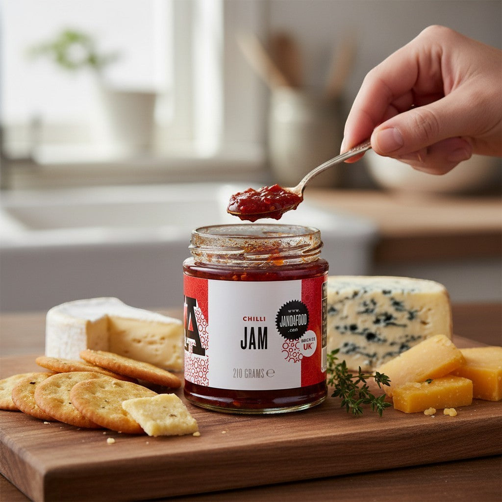Janda Food Chilli Jam served with cheese, showcasing its vibrant red color and thick, glossy texture ideal for pairing.