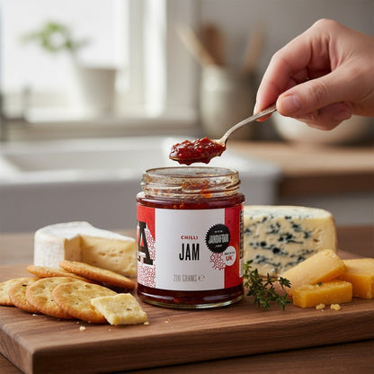 Janda Food Chilli Jam served with cheese, showcasing its vibrant red color and thick, glossy texture ideal for pairing.