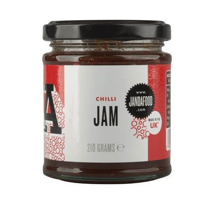 Janda Food Chilli Jam in a glass jar, showcasing its vibrant red color and thick, glossy texture.