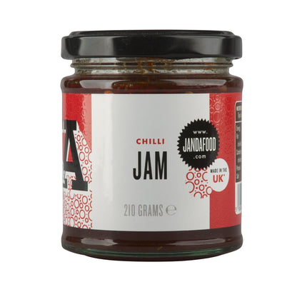 Janda Food Chilli Jam in a glass jar with a black lid and white label featuring red accents and bold text.