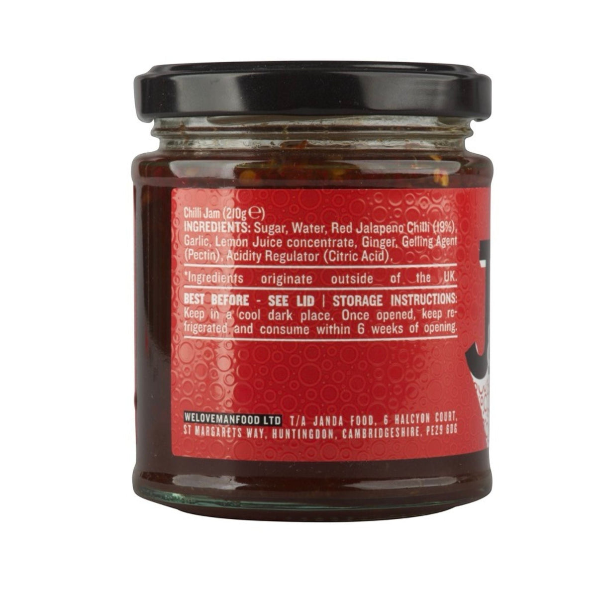 Janda Food Chilli Jam jar with label, featuring vibrant red chili jam and branding details.