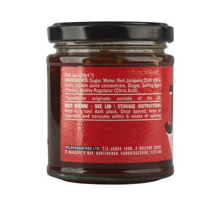 Janda Food Chilli Jam jar with label, featuring vibrant red chili jam and branding details.