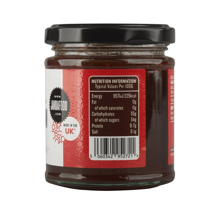 Janda Food Chilli Jam nutrition label showing ingredients and nutritional information on a printed label.
