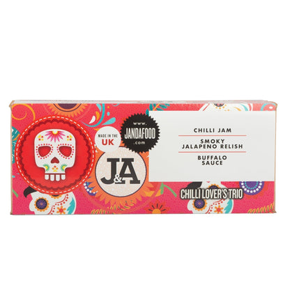 Janda Food Chilli Lover's Trio gift box featuring a vibrant pink sugar skull design and three spicy condiments.