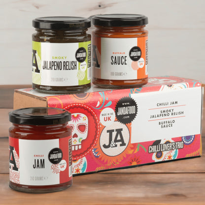 Janda Food Chilli Lover's Trio gift box featuring Chilli Jam, Smoky Jalapeno Relish, and Buffalo Sauce glass jars.