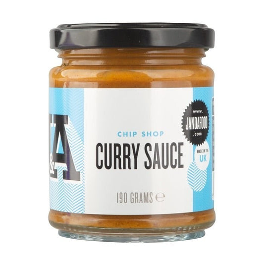 Janda Chip Shop Curry Sauce bottle with label, showcasing rich, flavorful curry sauce for chips and takeaway dishes.