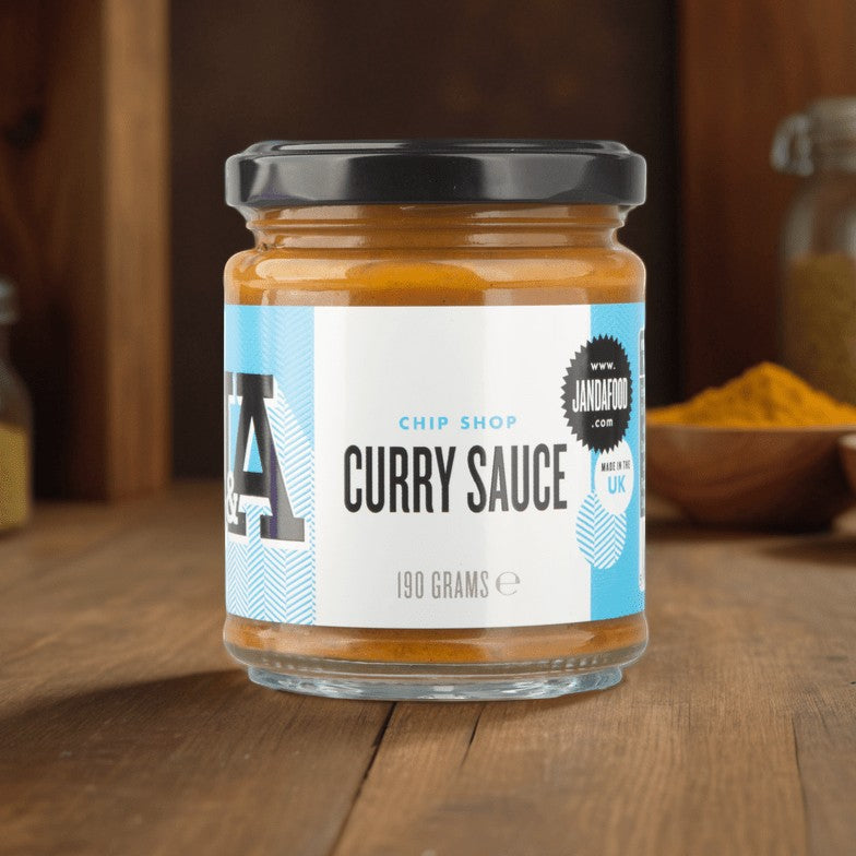 Janda Chip Shop Curry Sauce jar with label, creamy curry sauce visible in the image, ready for serving or pouring.