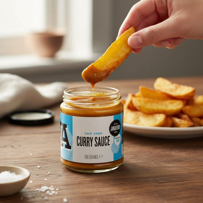 Jar of Janda Chip Shop Curry Sauce with label visible, showcasing the rich, golden curry sauce ideal for chips and takeaway dishes.
