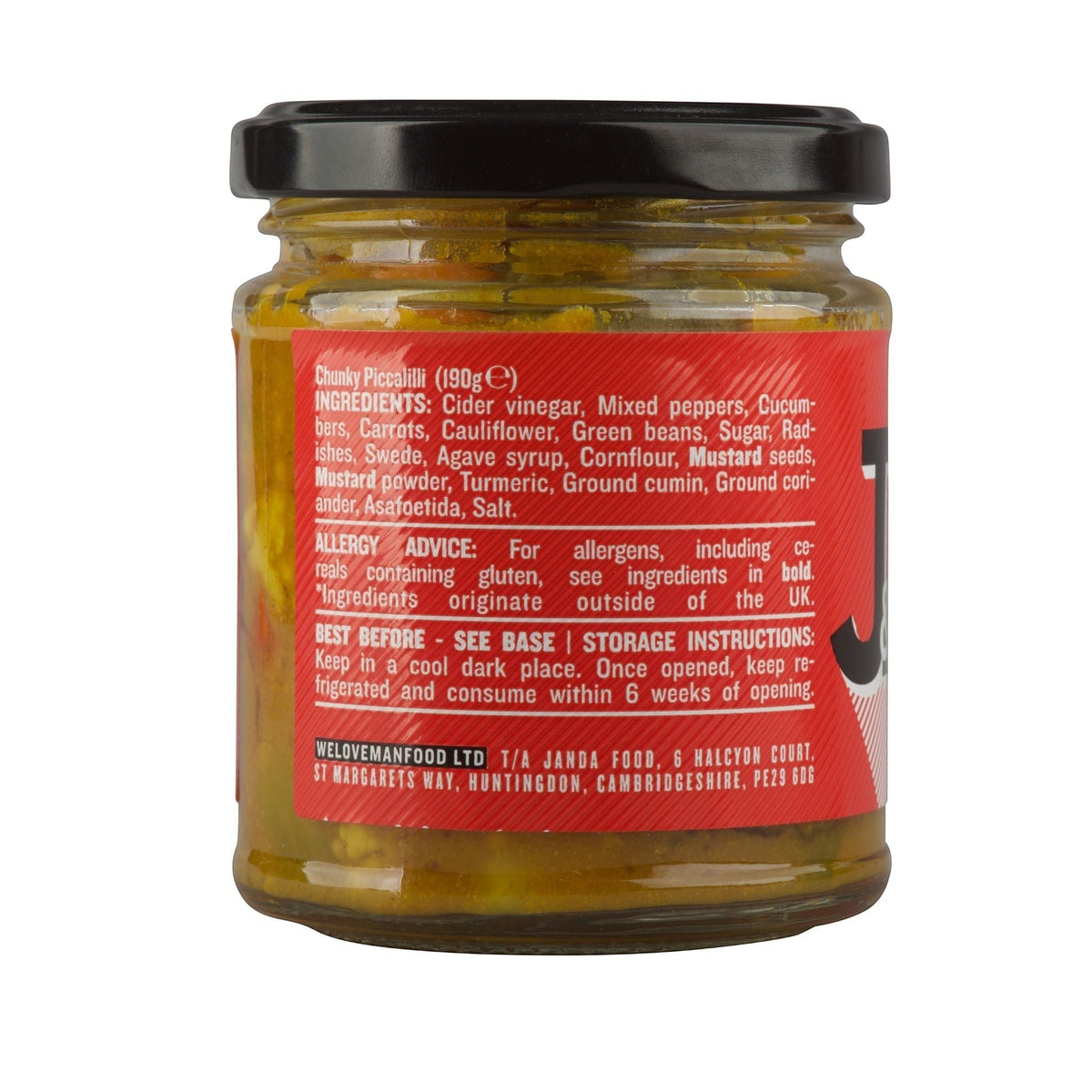 Janda Food Chunky Piccalilli jar showing ingredients list and nutritional information on a red label