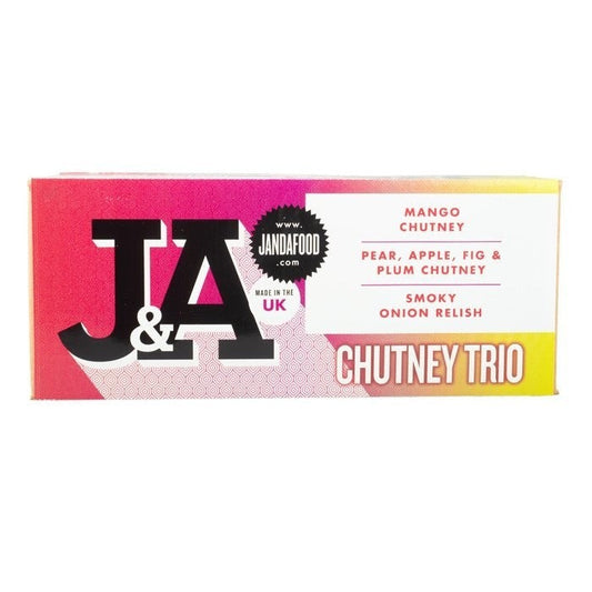 Janda Chutney and Relish Trio Gift Box with three jars of assorted chutneys and relishes in a decorative gift set.