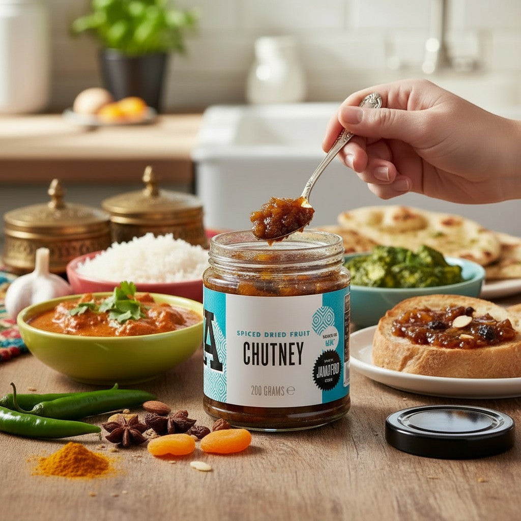 Janda dried fruit chutney in a jar, showcasing a rich, chunky blend of dried fruits and spices in a 200g container.
