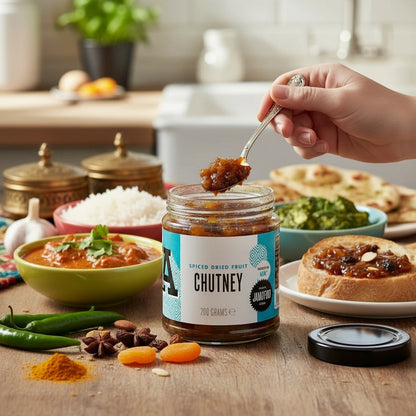 Janda dried fruit chutney in a jar, showcasing a rich, chunky blend of dried fruits and spices in a 200g container.