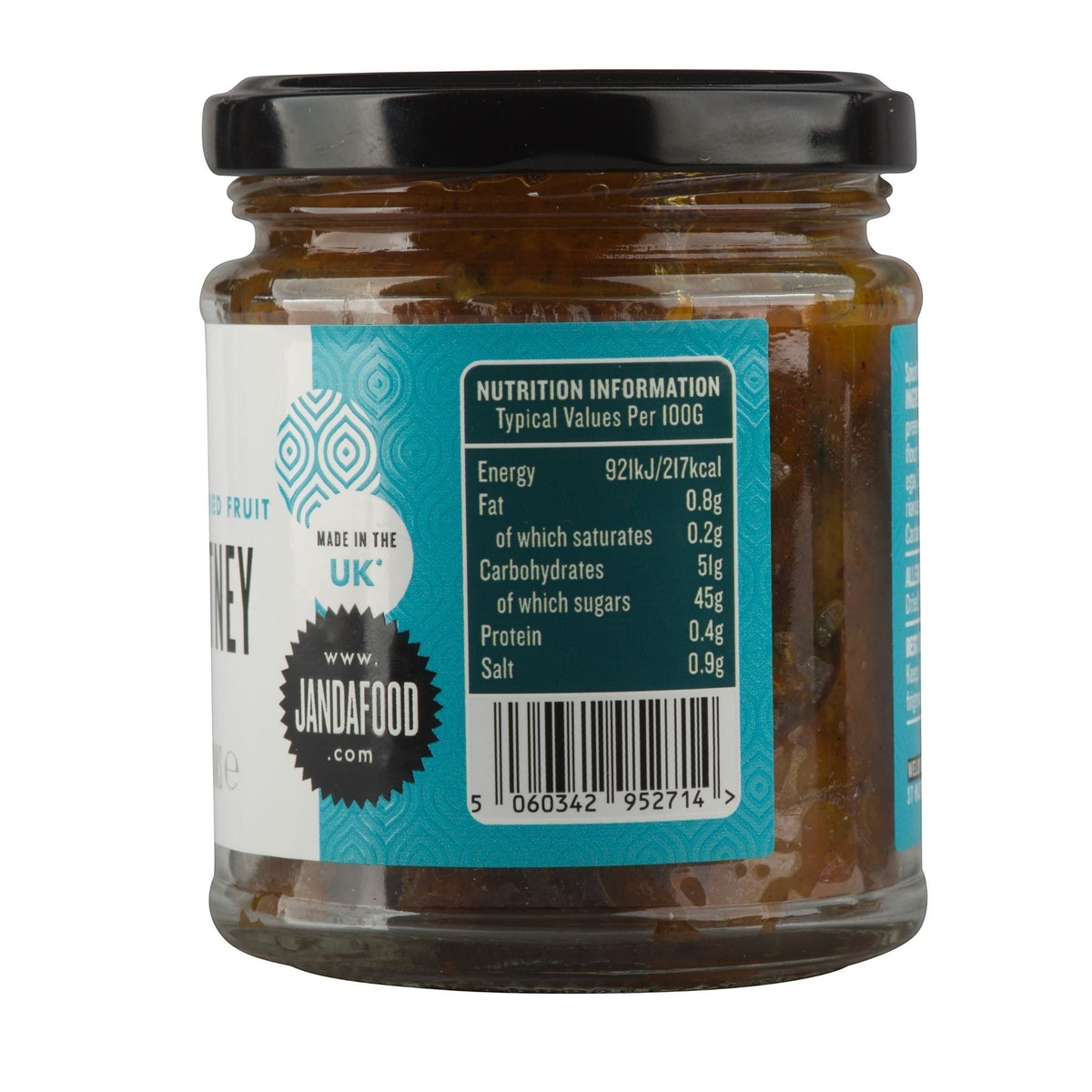 Jar of Janda dried fruit chutney with a rich, textured appearance showcasing the dried fruit chunks and glossy chutney inside.