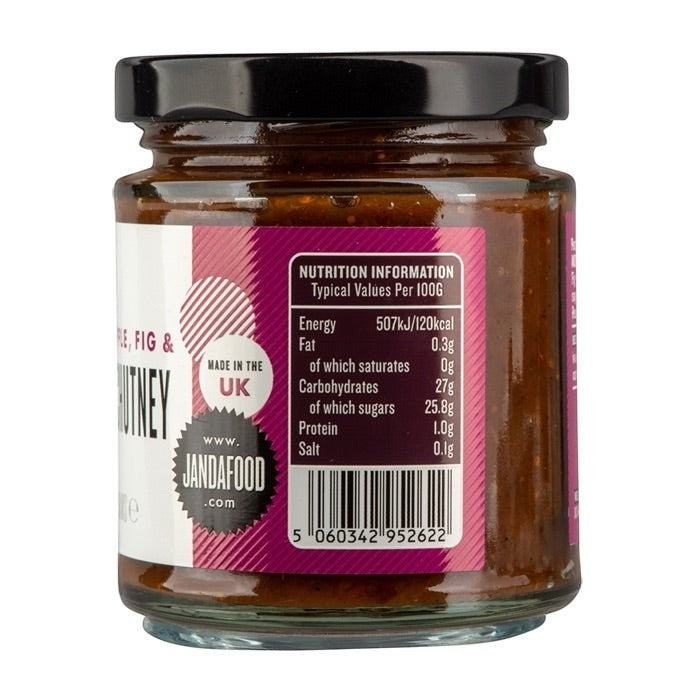 Janda Pear, Apple, Fig & Plum Chutney jar with colorful label showing fresh fruit ingredients and product branding.
