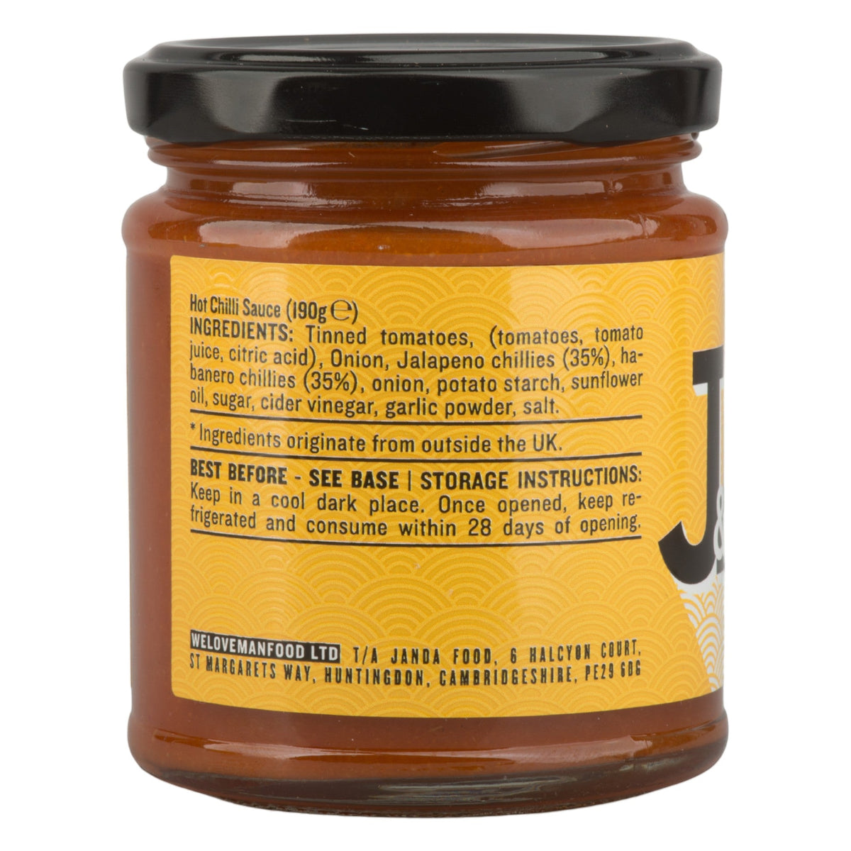 Janda Food hot chilli sauce jar showing ingredients list with aged jalapeno and habanero chillies