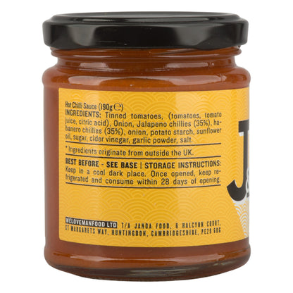 Janda Food hot chilli sauce jar showing ingredients list with aged jalapeno and habanero chillies
