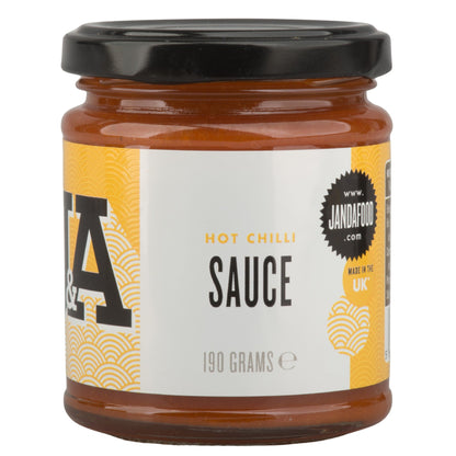 Janda Food hot chilli sauce in a 190g glass jar with a black lid and yellow patterned label