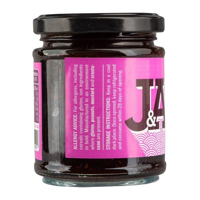 Janda Food Korean Barbecue Sauce in a glass jar with a pink label showing allergy and storage information