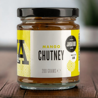 Janda Mango Chutney jar, a flavorful Indian condiment with bright mango and spice accents in a glass jar.