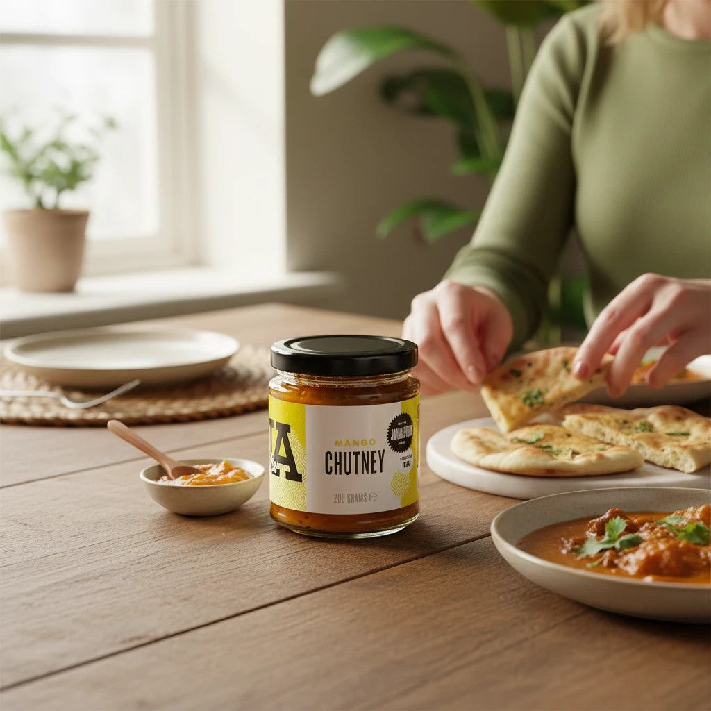 Jar of Janda Mango Chutney with a label, showcasing the smooth, golden mango chutney condiment in a glass jar.