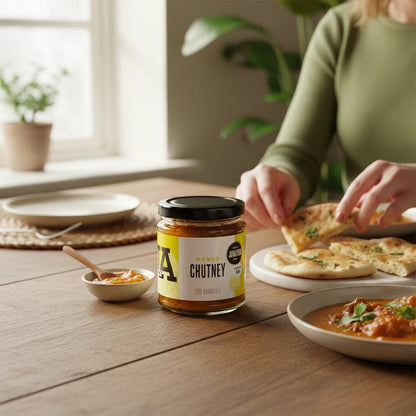 Jar of Janda Mango Chutney with a label, showcasing the smooth, golden mango chutney condiment in a glass jar.