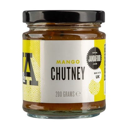 J&A Mango Chutney jar, a flavorful Indian condiment with vibrant orange color and a label showcasing mango and spices.