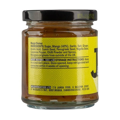 J&A Mango Chutney jar with label, showcasing vibrant condiment ideal for pairing with Indian dishes