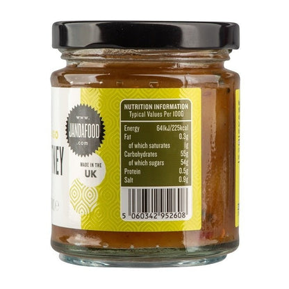 J&A Mango Chutney jar with nutrition label, a flavorful Indian condiment made from ripe mangoes by Janda.