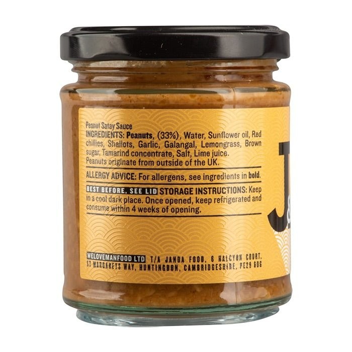 Janda Food Peanut Satay Sauce bottle with label showing creamy peanut satay sauce from Janda brand.