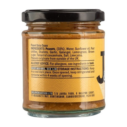 Janda Food Peanut Satay Sauce bottle with label showing creamy peanut satay sauce from Janda brand.