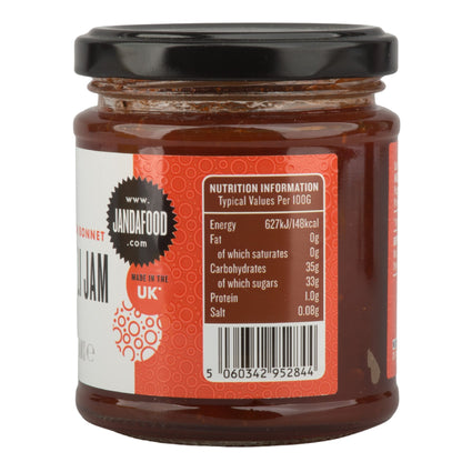 Janda Scotch Bonnet Chilli Jam 210g jar with label, showcasing the sweet and spicy chili jam suitable for cheese and barbecue dishes.