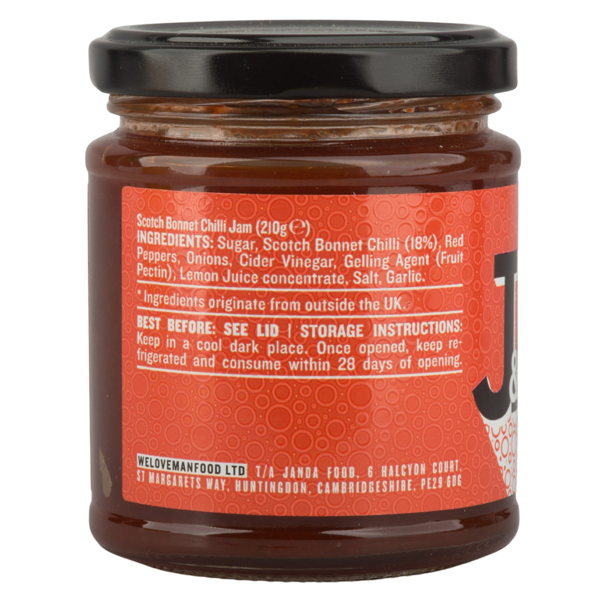 Janda Scotch Bonnet Chilli Jam 210g jar with label, showcasing the sweet and spicy chili jam suitable for cheese and barbecue dishes.