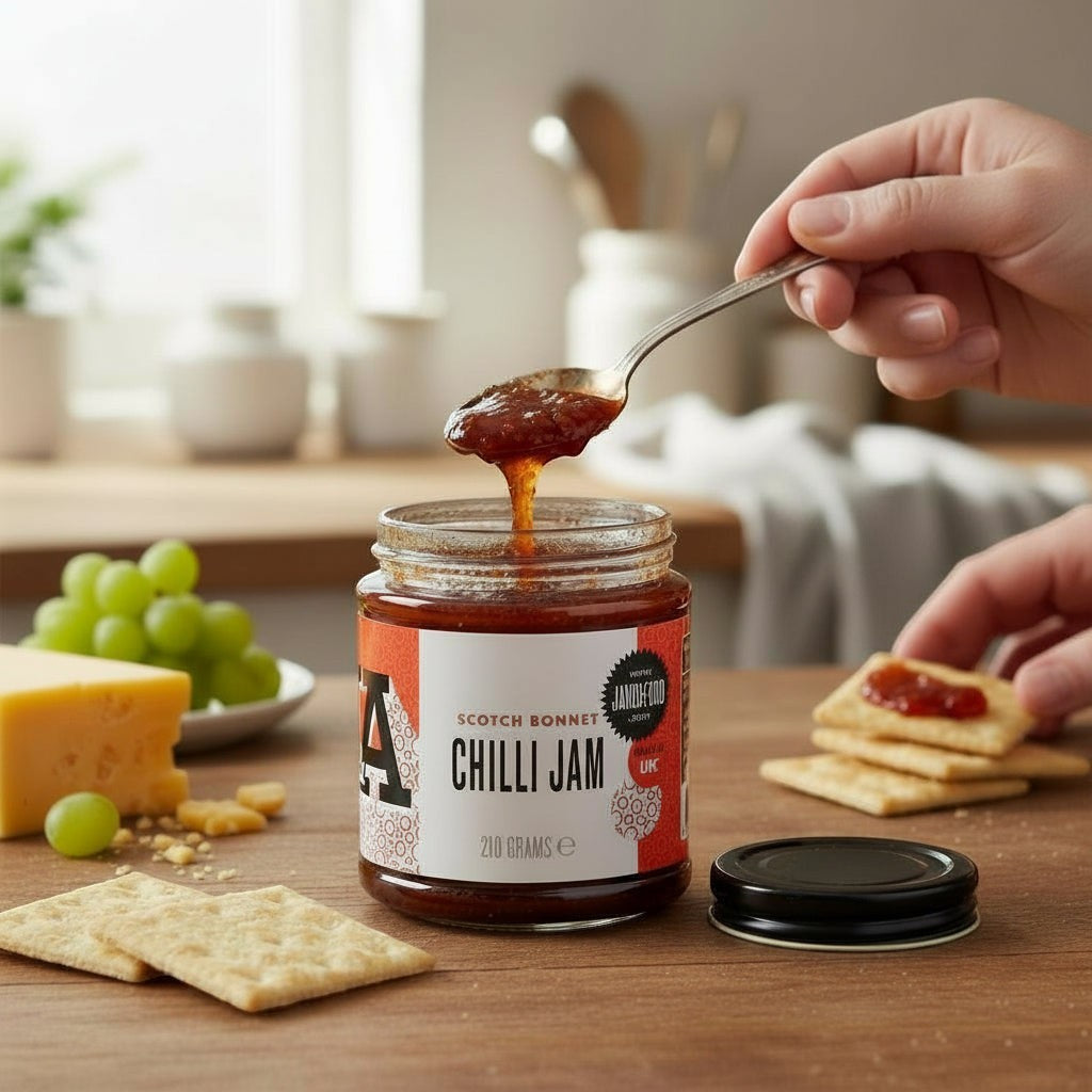 Janda Scotch Bonnet Chilli Jam jar with label, showcasing its sweet and spicy chili jam for cheese and barbecue pairing.