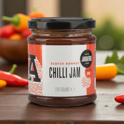 Janda Scotch Bonnet Chilli Jam jar, 210g, showcasing the spicy and sweet chili jam with a colorful label and lid.