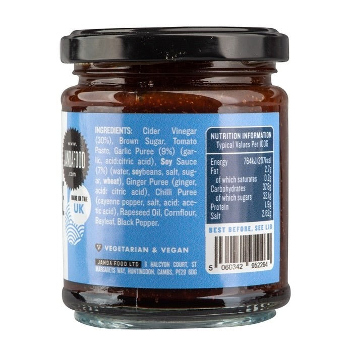 Janda soy, chilli, and garlic sauce bottle label with red, black, and white design and product name text.
