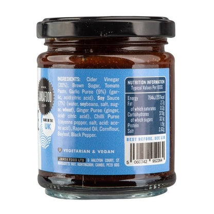 Janda soy, chilli, and garlic sauce bottle label with red, black, and white design and product name text.