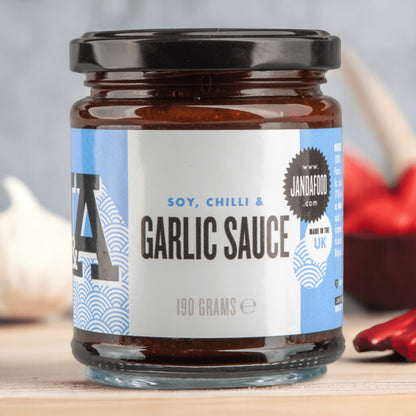 Janda Soy, Chilli & Garlic Sauce bottle with label, showcasing a spicy, savory sauce for Asian cuisine.