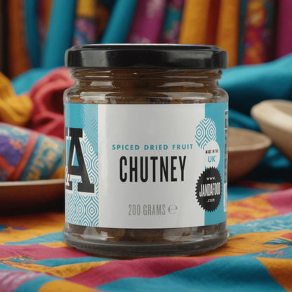 Jar of Janda dried fruit chutney with visible spices and dried fruit pieces in a glass jar on a white background.