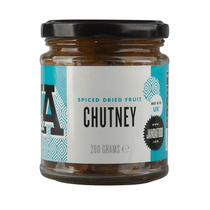 Janda dried fruit chutney in a 200g jar with visible chunks of spiced dried fruits and rich, textured chutney.