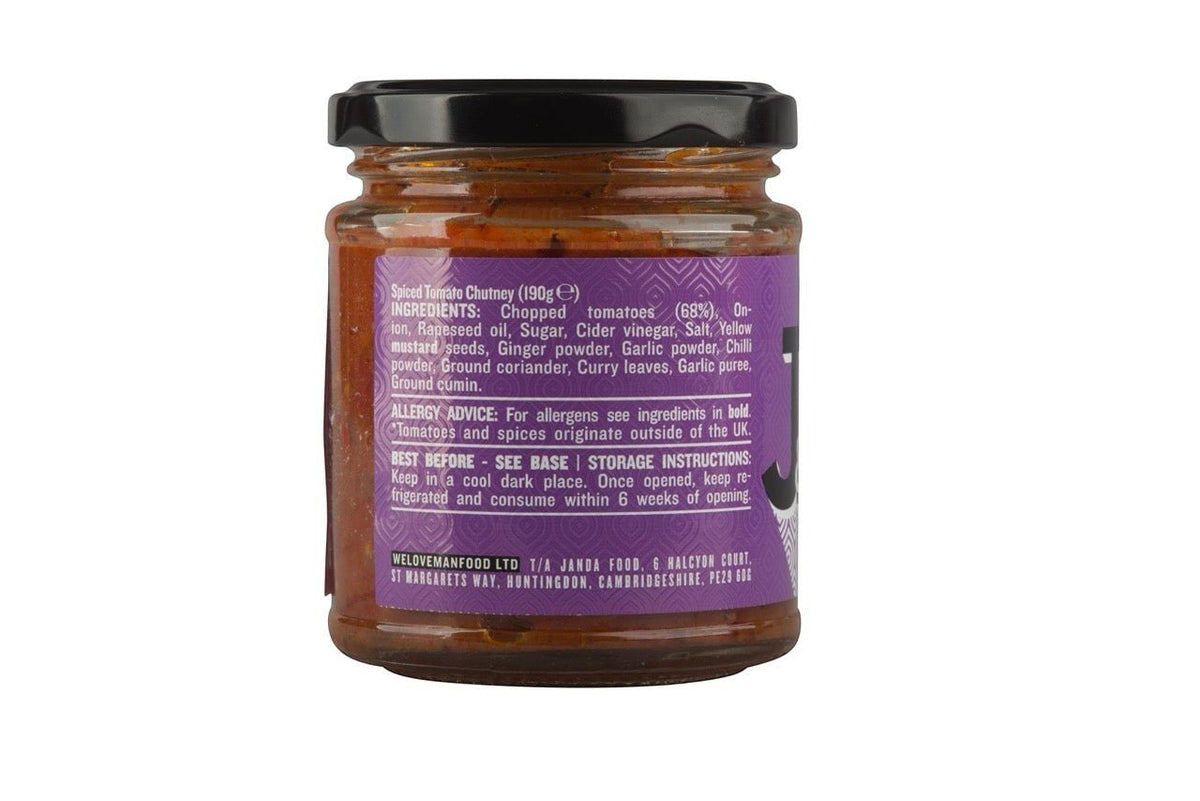 Janda Spiced Tomato Chutney jar with label featuring vibrant red and orange colors and a detailed product description.