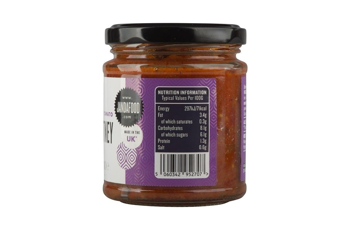 Jar of Janda spiced tomato chutney with label showing fresh tomatoes and spices, ready to complement meals.