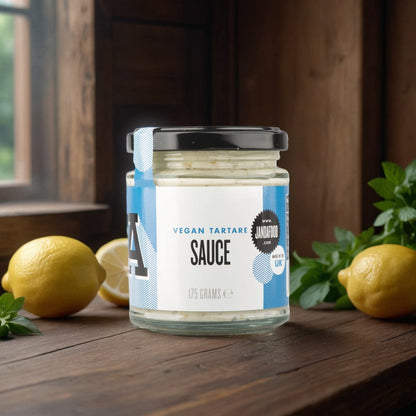 Janda Food Vegan Tartare Sauce jar with label, showing the creamy sauce and product branding on the packaging.