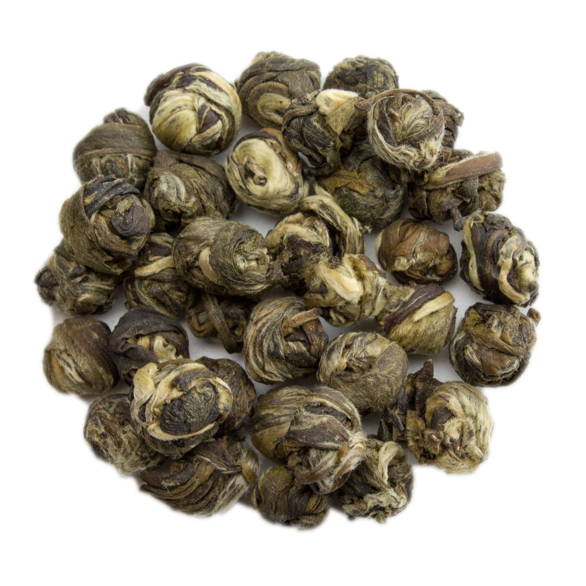 Green tea pearls from PekoeTea Edinburgh, showing delicate jasmine-infused jasmine dragon pearl tea leaves.