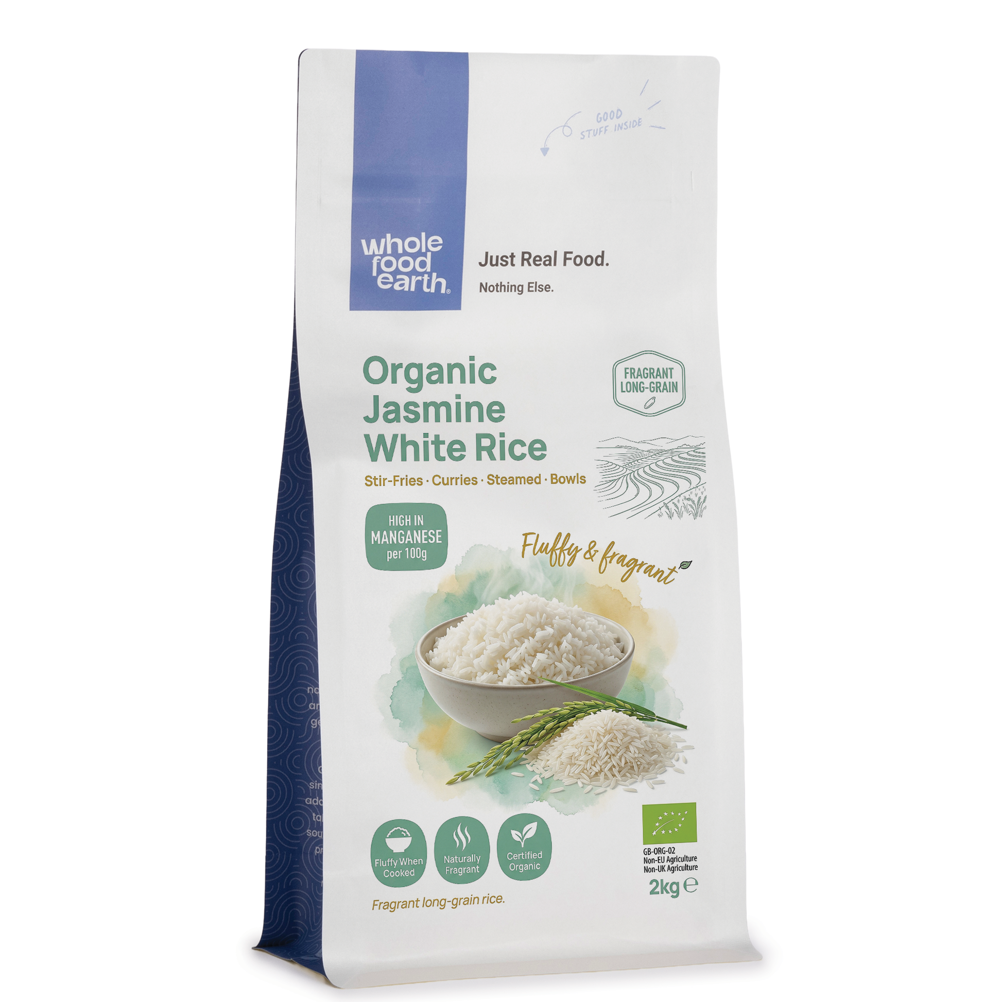 Organic Whole Food Earth Jasmine White Rice in a 3D rendering, showcasing fluffy, long-grain rice suitable for cooking and meals.