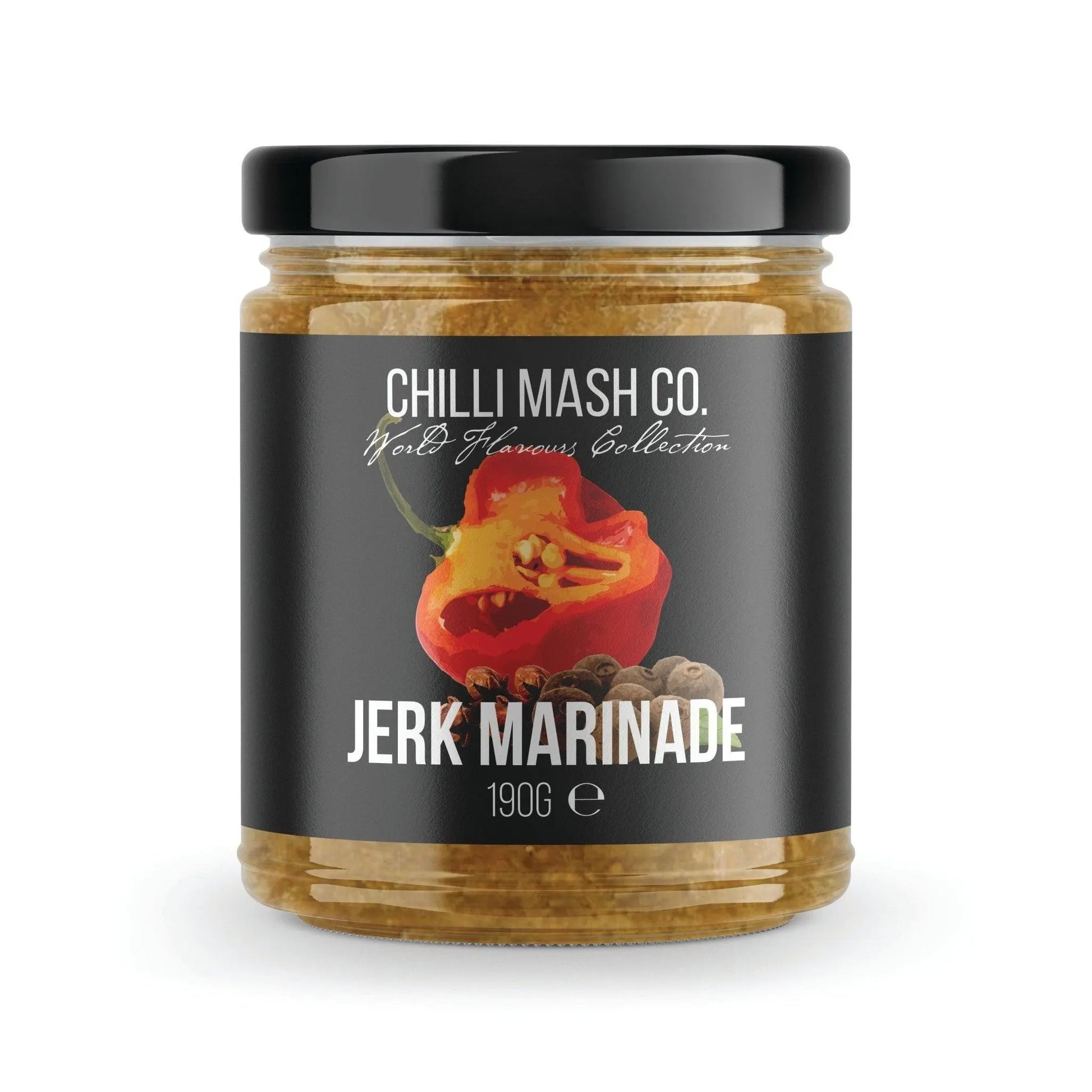Jerk marinade chili paste from Chilli Mash Co. in a 190g jar, part of the World Flavours Collection, with vibrant chili ingredients visible.