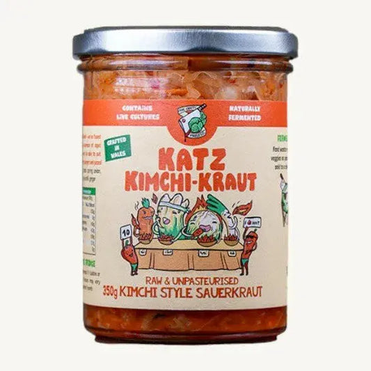 Crafty Pickle Co. Katz Kimchi-Kraut in a 350g jar, showcasing tangy fermented sauerkraut with visible cabbage and spices.