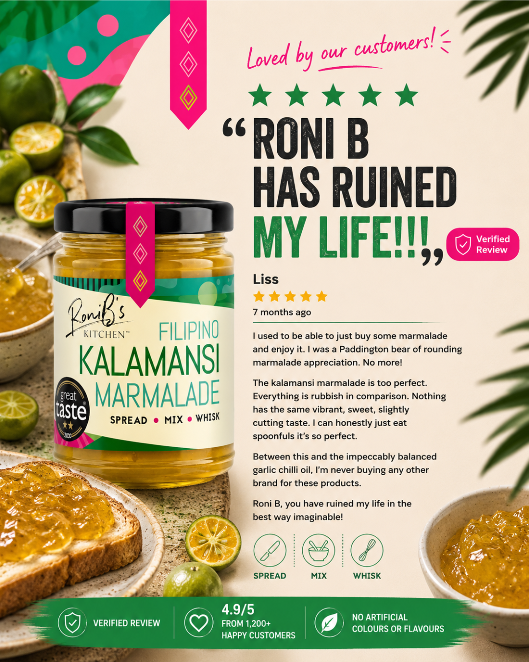 RoniBs Kitchen Filipino Kalamansi Marmalade with Don Papa Rum in a jar, showcasing vibrant citrus jam with a golden hue.